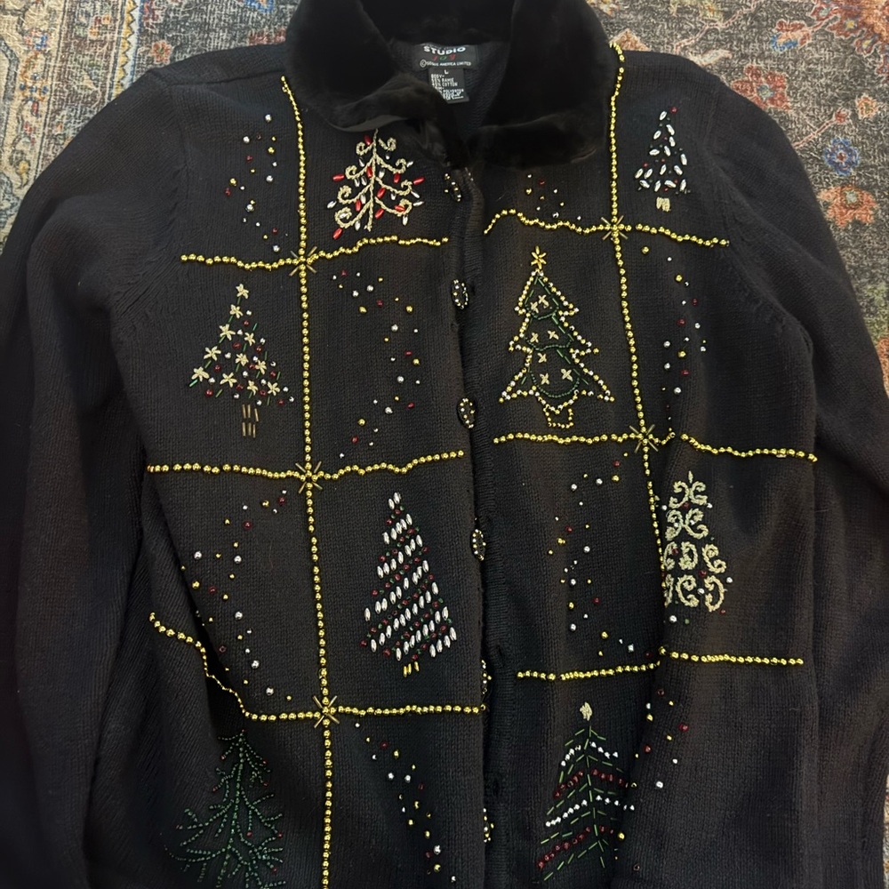 Black Holiday Sweater with Tree Embroidery